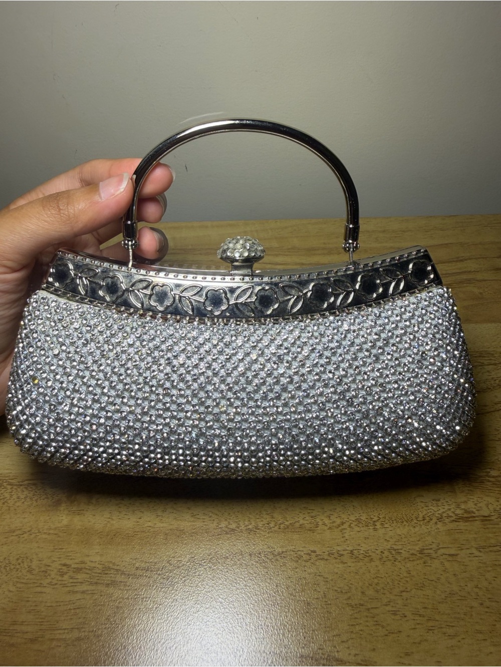 Silver Crystal-Embellished Evening Top-Handle Bag
